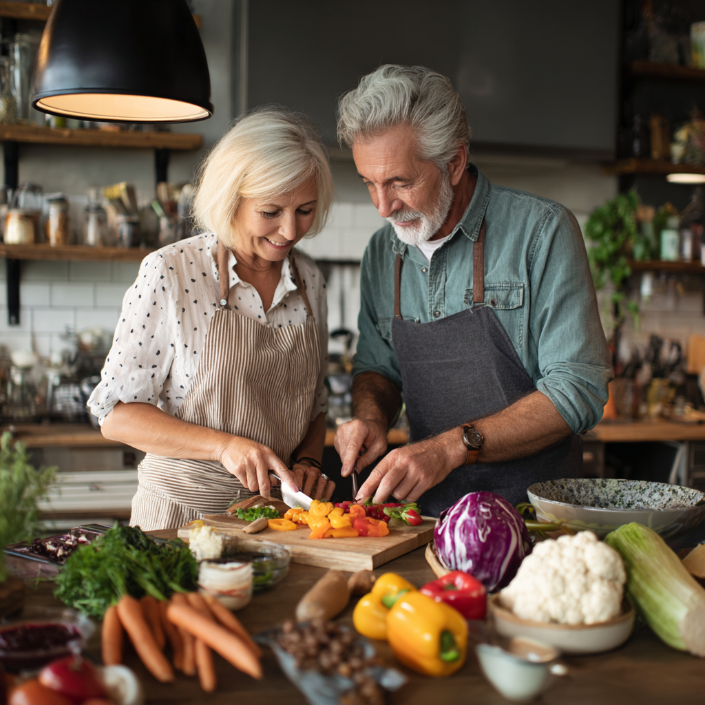 Middle-aged adults cooking together in bright kitchen following healthy meal plan